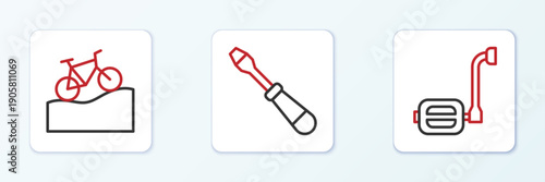Set line Bicycle pedal, Mountain bicycle and Screwdriver icon. Vector