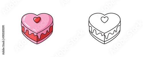 Heart shaped cake with pink frosting and small red heart on top alongside black and white line art version on white background simple cartoon style for romantic desserts