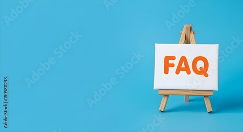 Information Support Center: FAQ text on white canvas easel against blue background, customer service help, frequently asked questions, communication and business assistance concept