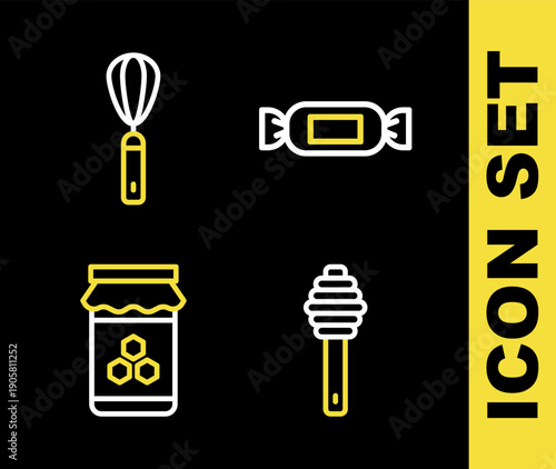 Set line Candy, Honey dipper stick, Jar of honey and Kitchen whisk icon. Vector