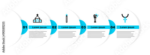 Set line Christian cross on chain, Aspergillum, Burning candle and Church building icon. Vector