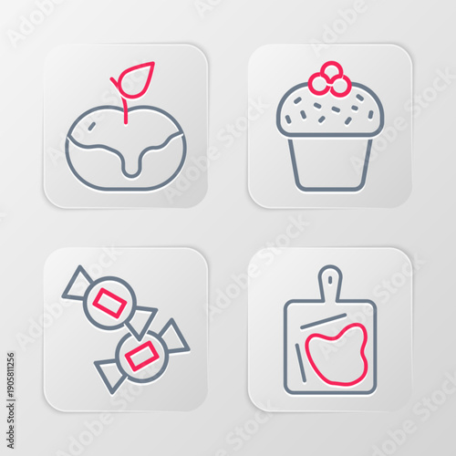 Set line Cutting board, Candy, Cake and Apple caramel icon. Vector