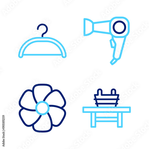 Set line Sauna bench with bucket, Flower, Hair dryer and Hanger wardrobe icon. Vector