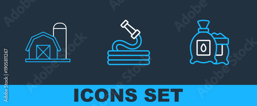 Set line Pack full of seeds of plant, Farm house and Garden hose icon. Vector