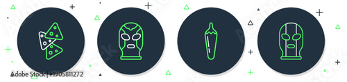 Set line Mexican wrestler, Hot chili pepper pod, Nachos and icon. Vector