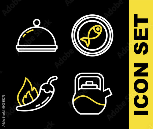 Set line Served fish on a plate, Kettle with handle, Hot chili pepper pod and Covered tray icon. Vector