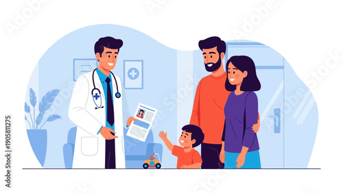 Family Consultation with Doctor: A friendly medical professional engages in a reassuring consultation with a family, offering guidance and care for their well-being. Capturing the essence of health