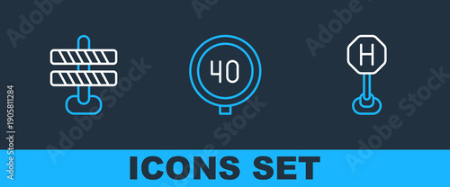 Set line Hospital road traffic, Road barrier and Speed limit icon. Vector