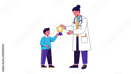 Pediatrician and Patient: a pediatrician bestowing a star-shaped award upon a young patient. This image encapsulates care and celebration of child's well-being.