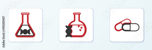 Set line Medicine pill or tablet, DNA research, search and icon. Vector