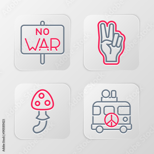 Set line Hippie camper van, Psilocybin mushroom, Peace symbol and No war icon. Vector