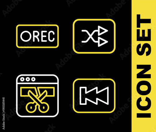 Set line Arrow shuffle, Rewind button, Video recorder or editor and Record icon. Vector