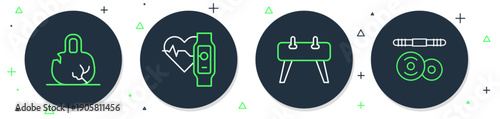Set line Smart watch with heart, Pommel horse, Broken weight and Barbell icon. Vector