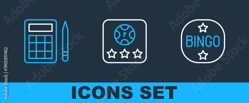 Set line Bingo, card and Online poker table game icon. Vector