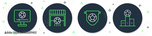 Set line Football goal with ball, flag pennant, match on TV and Award over sports winner podium icon. Vector