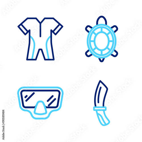 Set line Diving knife, mask, Turtle and Wetsuit for scuba diving icon. Vector