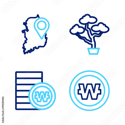 Set line South Korean won coin, Bonsai tree and map icon. Vector