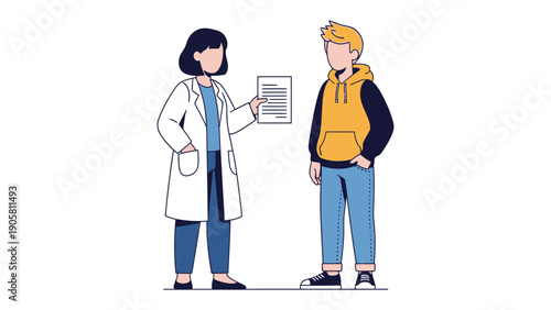 Doctor's Consultation: A doctor points to document while consulting with a young person. The scene showcases a patient and their doctor and the medical advice being given
