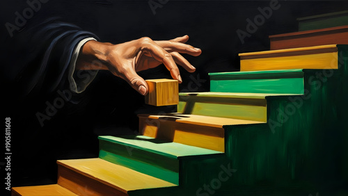 Hand placing wooden block on colorful staircase
