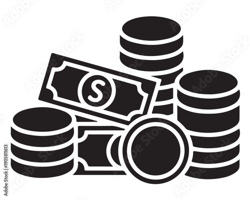 Assortment of paper currency banknotes and stacks of metal coins symbolizing wealth savings or financial assets