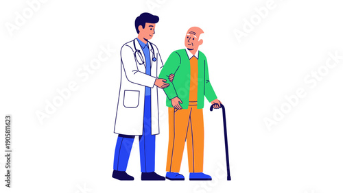 Caring Hands: A doctor provides support to an elderly patient, emphasizing the importance of compassion, care, and medical assistance.