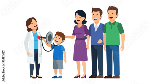 Healthcare Checkup: A young boy undergoes a medical examination with a friendly doctor, while his supportive family looks on, highlighting the importance of well-being and parental care.