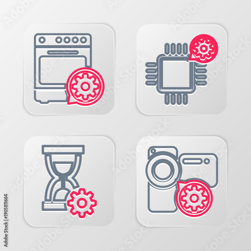 Set line Video camera setting, Hourglass, Processor and Oven icon. Vector