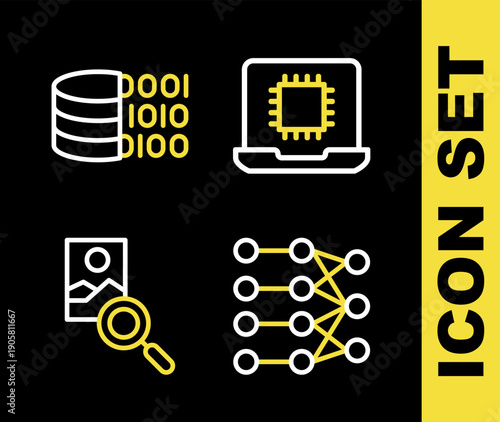 Set line Processor CPU, Neural network, Photo retouching and Binary code icon. Vector