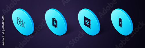 Set Isometric Battery, Radioactive waste in barrel, Eco nature leaf and battery and icon. Vector
