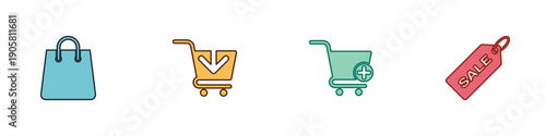 Set Handbag, Add to Shopping cart, and Price tag with Sale icon. Vector