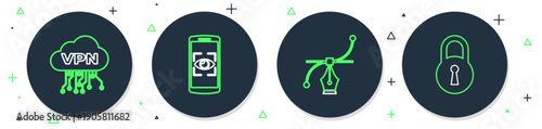 Set line Mobile and eye scan, Bezier curve, Cloud VPN interface and Lock icon. Vector