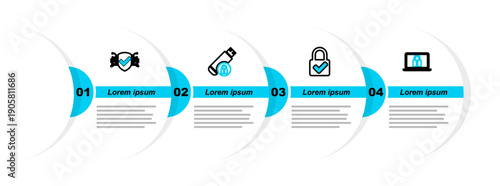 Set line Laptop and lock, Lock check mark, USB flash drive with and Cyber security icon. Vector