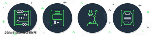 Set line Exam sheet with A plus grade, Table lamp, Abacus and Certificate template icon. Vector