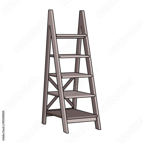 Wooden ladder shelf with five tiers and a-frame design for home decor and storage in living room or office space.