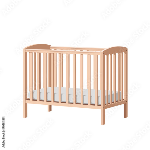Wooden baby crib with white mattress isolated on white background for nursery room furniture and infant sleep comfort.