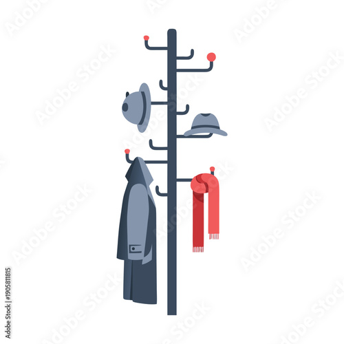 Cozy winter essentials arranged on modern coat stand with overcoat, hats, and scarf hanging in neat order.