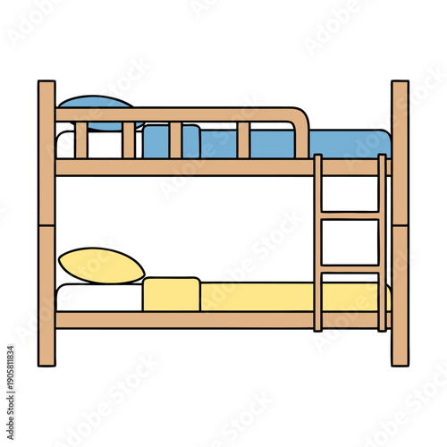 Wooden bunk bed with blue and yellow bedding featuring ladder and safety rails for cozy and functional sleeping space in compact room design.