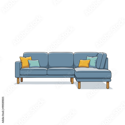 Stylish modern blue sectional sofa with colorful cushions on wooden legs in minimalist design.