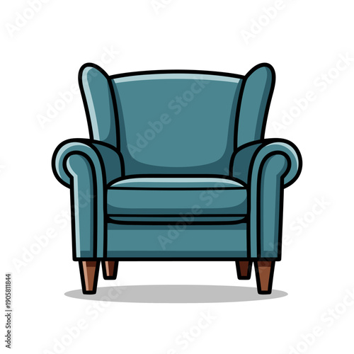 Stylish blue armchair with rounded armrests and wooden legs on white background.
