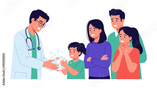 Doctor Explaining Hand Hygiene: A doctor illustrates handwashing to a family, emphasizing health and prevention in a friendly, informative manner. A scene of trust and care.