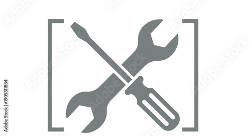 Gray wrench and screwdriver crossed within a square bracket outline