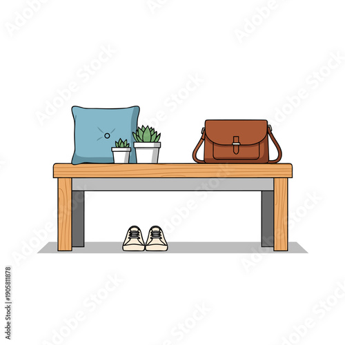 Minimalist wooden bench with blue cushion, leather bag, succulent plants, and shoes on a white background for home decor.