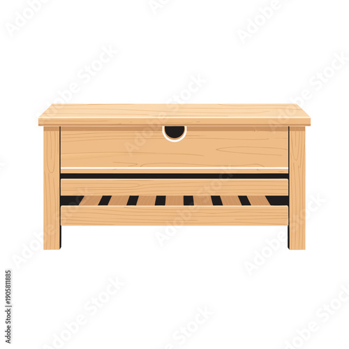 Contemporary wooden storage bench with cushion top and lower slatted shelf on white background.