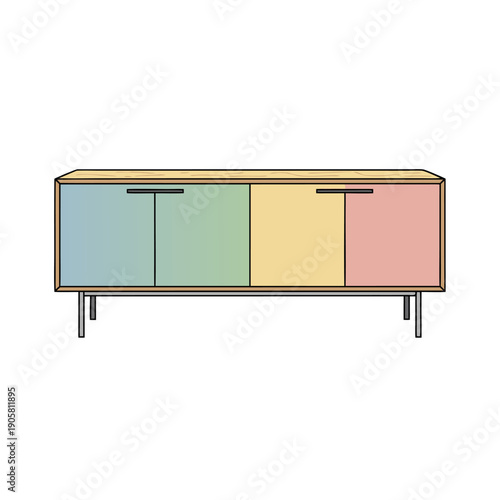 Minimalist mid-century modern sideboard with colorful gradient doors and sleek metal legs for contemporary interior design.