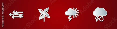 Set Wind and snow, Pinwheel, Storm and Cloud with rain lightning icon. Vector