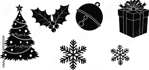 Christmas Holiday Silhouette Set, Tree Holly Bell Gift Box and Snowflake Icons Isolated on White Background