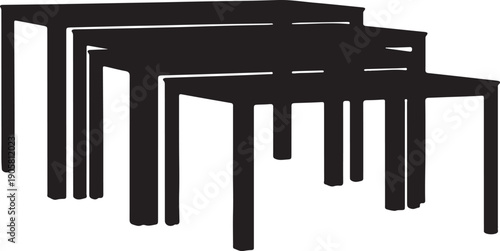 "Black silhouette illustration of five nesting tables arranged in staggered formation with progressively smaller sizes, minimalist decorative artwork symbolizing space saving furniture, compact design