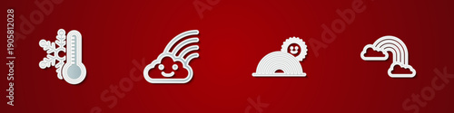 Set Thermometer with snowflake, Rainbow cloud, sun and clouds icon. Vector