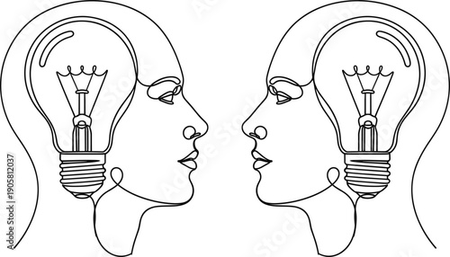 Creative thinking concept human heads with light bulb ideas communication inspiration innovation vector illustration isolated design