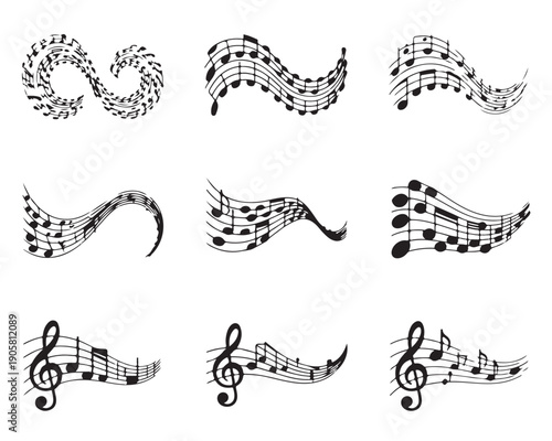 Collection of flowing musical notes symbols creating abstract wave patterns suitable for music theme design elements on transparent grid